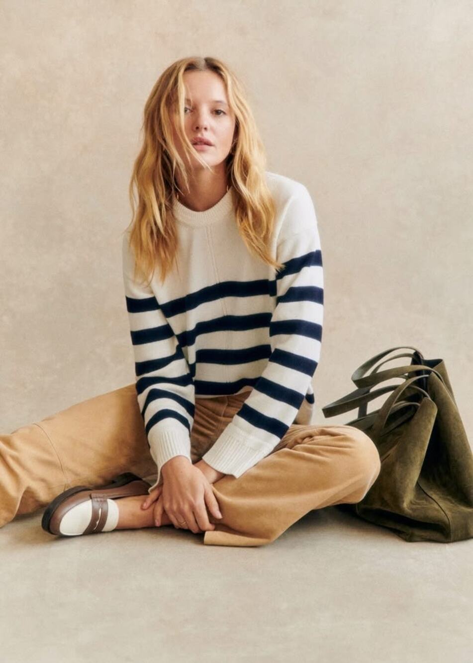 Sézane Bastien Merino Wool Cream and Navy Marine Striped Sweater Maine Summer M